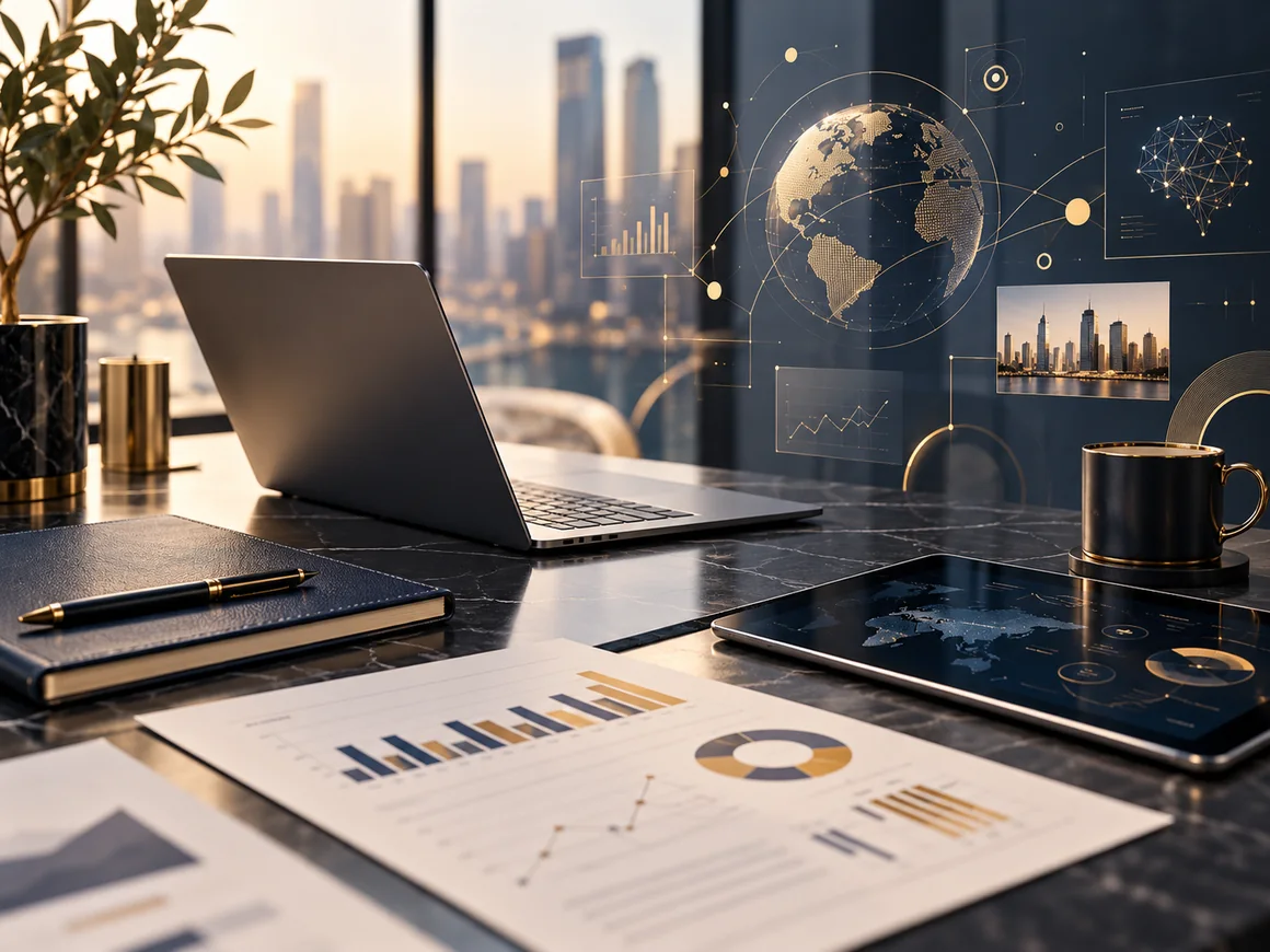 Illustrative business technology workspace with data analysis tools