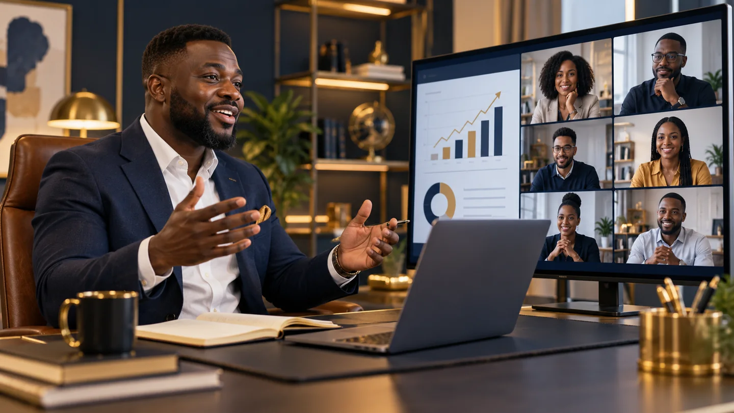 Illustrative scene of an African business facilitator teaching an interactive online class