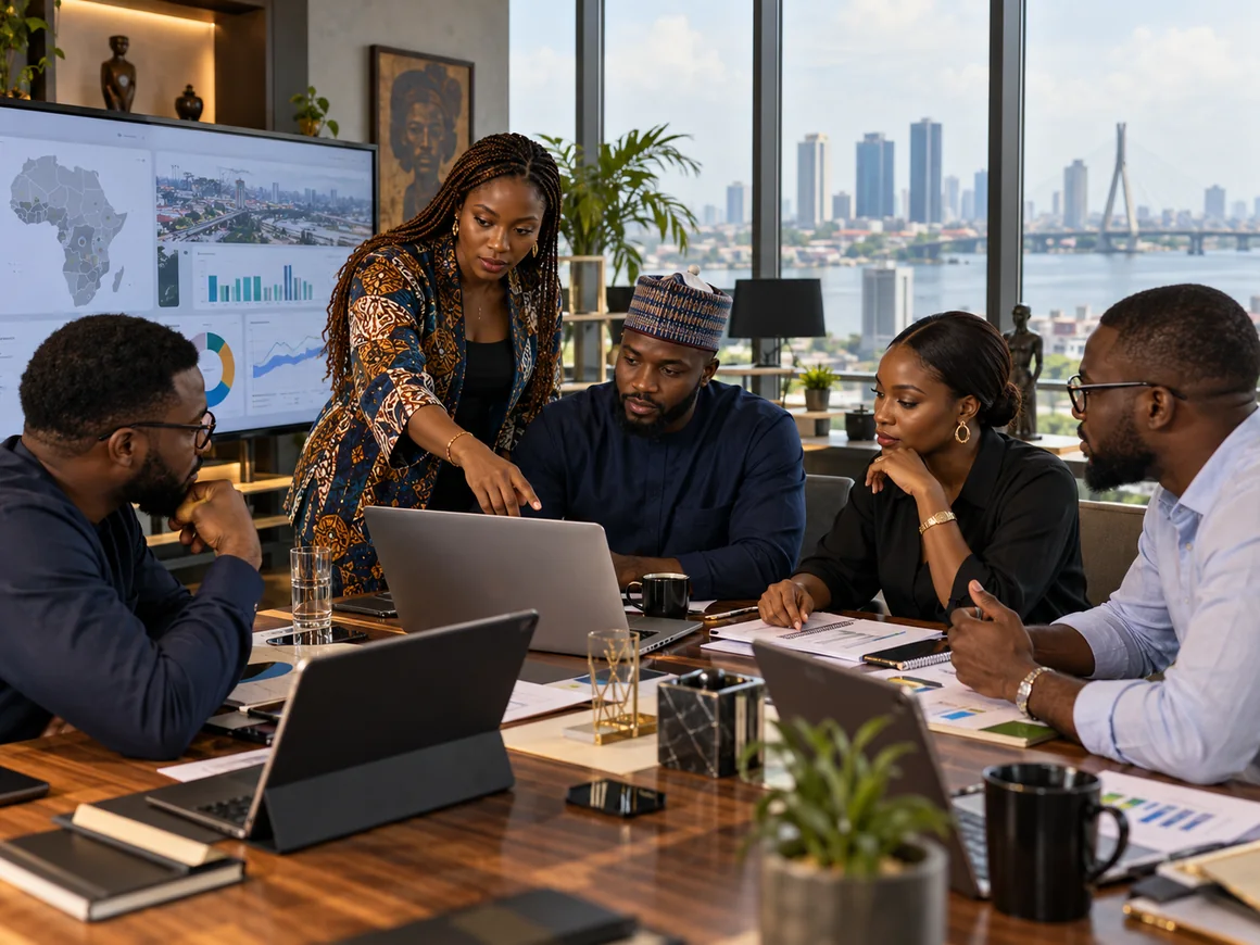 Illustrative group of African business operators reviewing a business plan